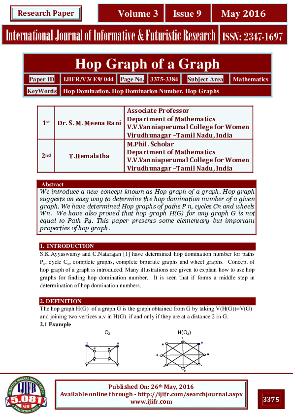 (PDF) Hop Graph of a Graph ijifr journal Academia.edu