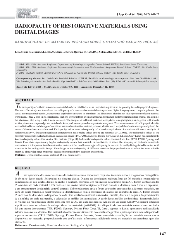 (PDF) Radiopacity of restorative materials using digital images leda