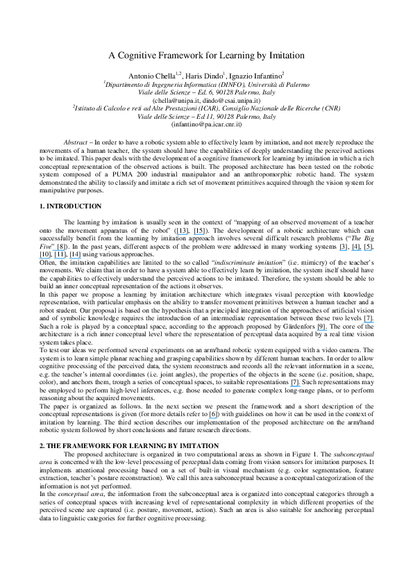 (PDF) A Cognitive Framework for Learning by Imitation