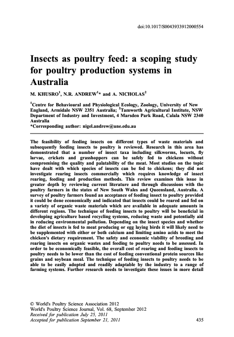 First page of “Insects as poultry feed: a scoping study for poultry production systems in Australia”