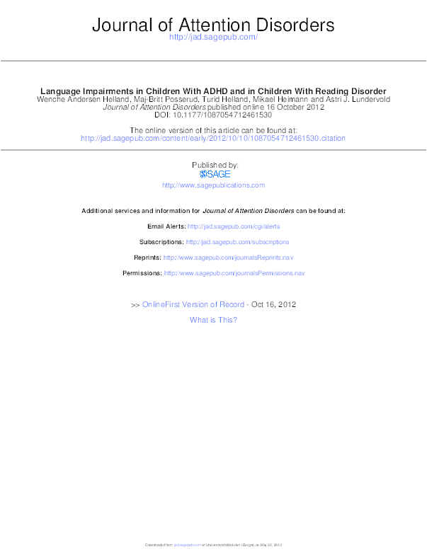 (PDF) Language Impairments in Children With ADHD and in Children With ...