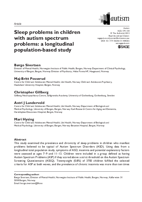 (PDF) Sleep problems in children with autism spectrum problems: a ...