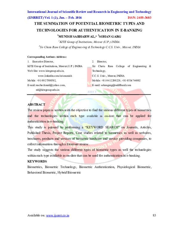 (PDF) The summation of potential biometric types and technologies for ...