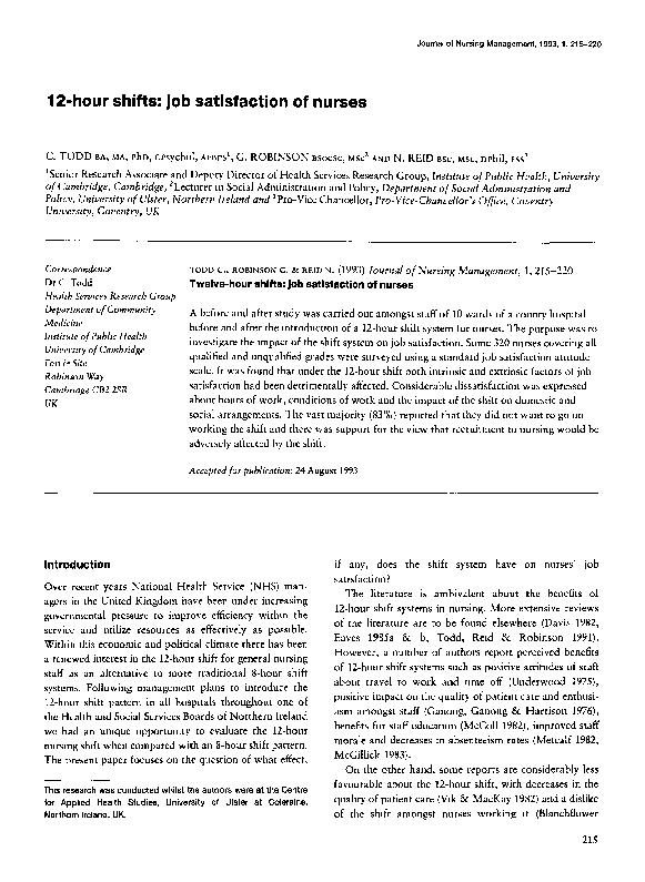 (PDF) 12‐hour shifts job satisfaction of nurses C Todd Academia.edu
