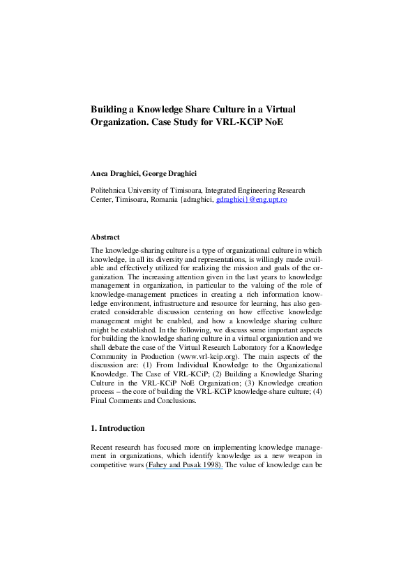 (PDF) Building a Knowledge Share Culture in a Virtual Organization ...