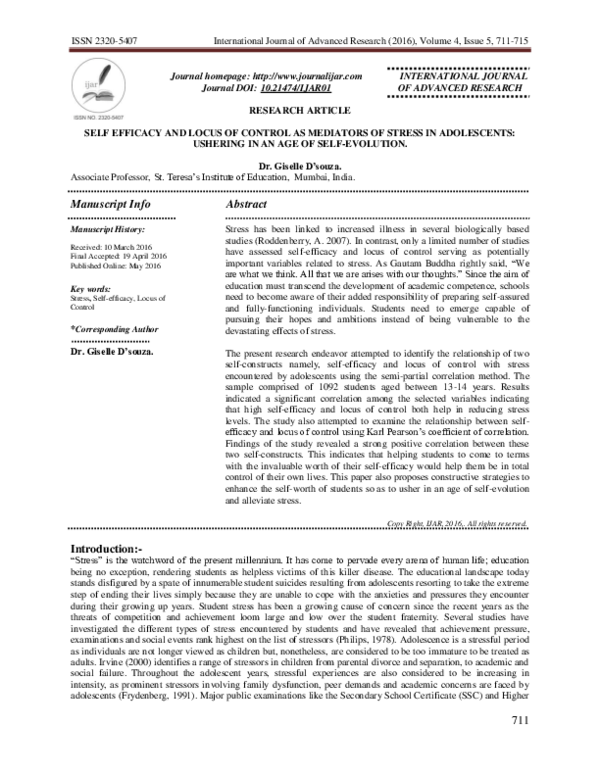 (PDF) SELF EFFICACY AND LOCUS OF CONTROL AS MEDIATORS OF STRESS IN ...