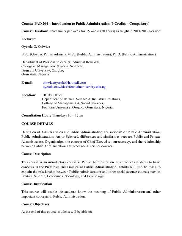 course pad 204 introduction to public administration 3 credits public administration definition