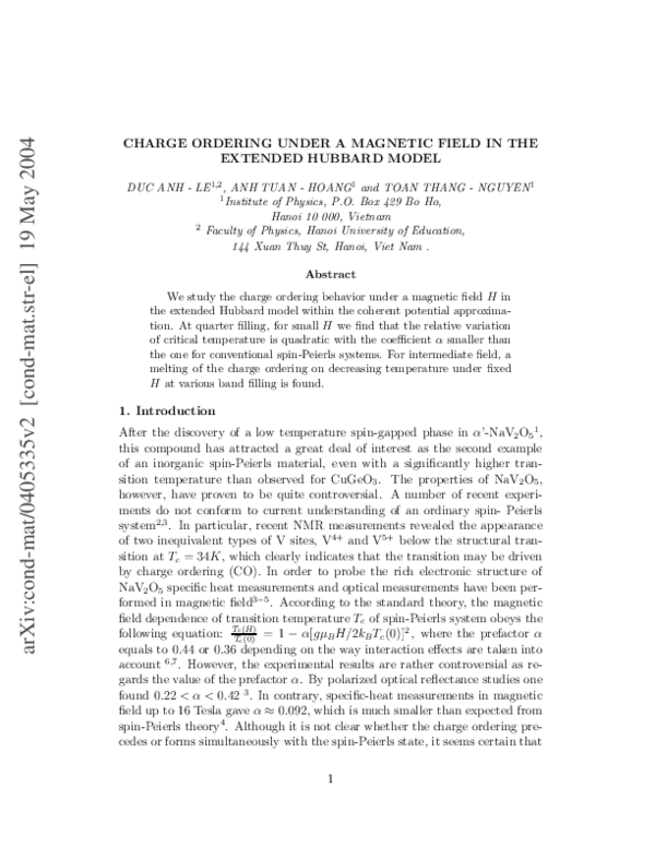(PDF) Charge Ordering under a Magnetic Field in the Extended Hubbard Model