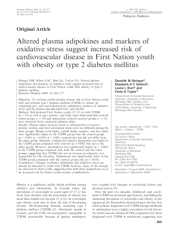 (PDF) Altered plasma adipokines and markers of oxidative stress suggest ...