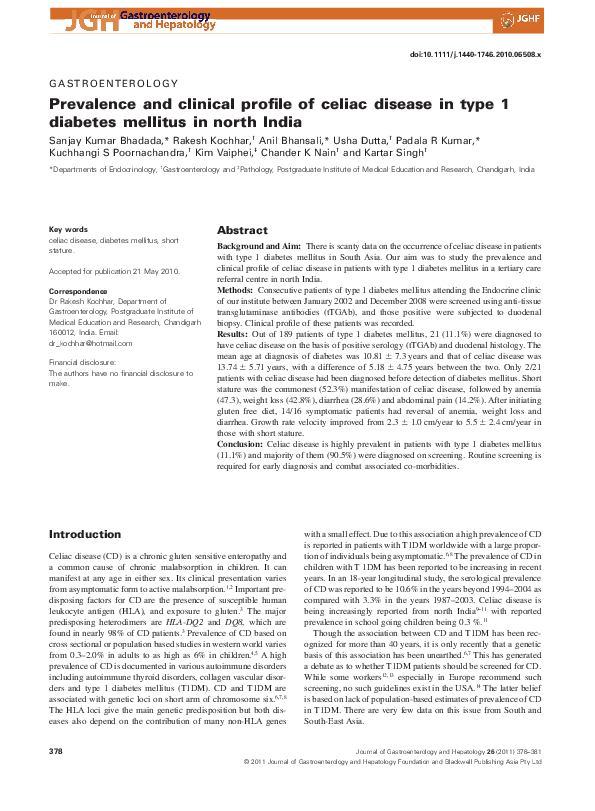 (PDF) Prevalence and clinical profile of celiac disease in type 1 ...