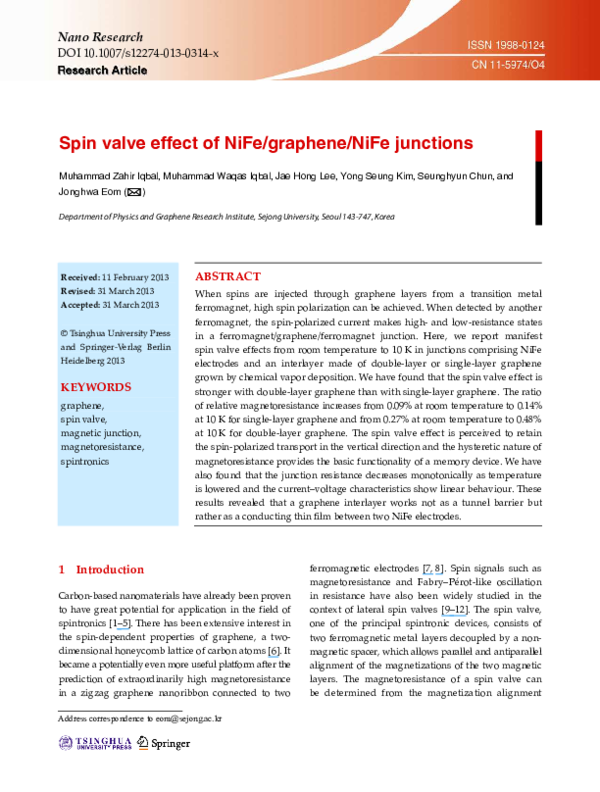 (PDF) Spin valve effect of NiFe/graphene/NiFe junctions