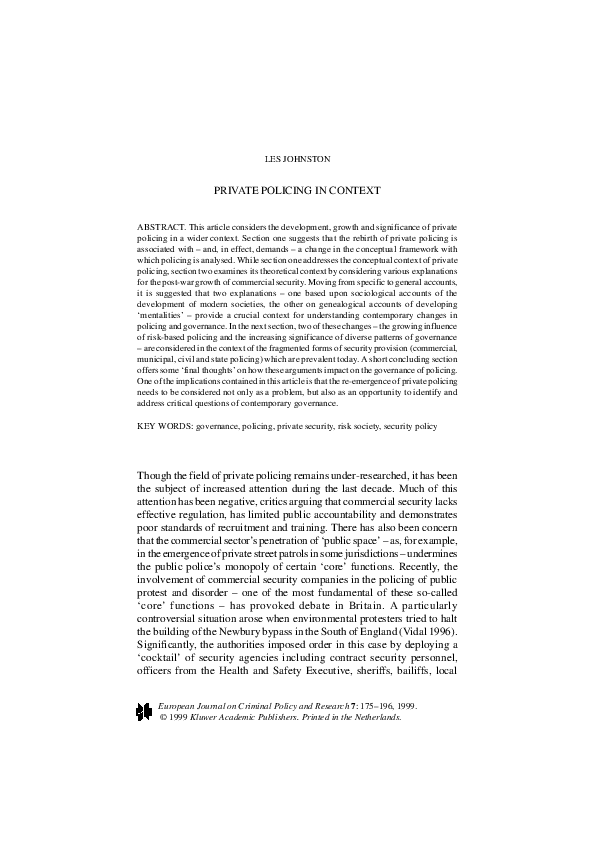 (PDF) Private policing in context | Les Johnston - Academia.edu