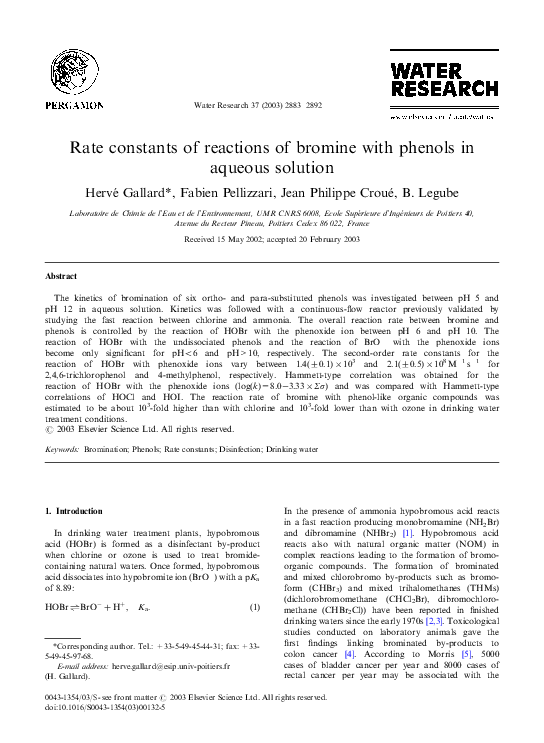 (PDF) Rate constants of reactions of bromine with phenols in aqueous