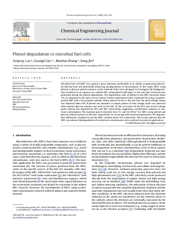 (PDF) Phenol degradation in microbial fuel cells Haiping Luo