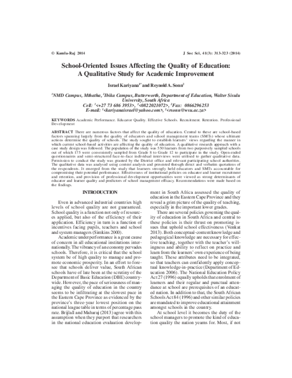 (PDF) School-Oriented Issues Affecting the Quality of Education: A ...