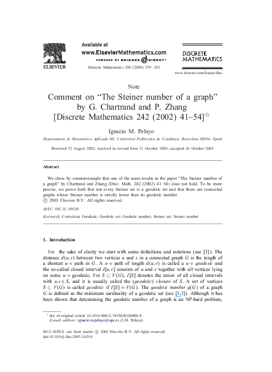 (PDF) Comment on “The Steiner number of a graph” by G. Chartrand and P