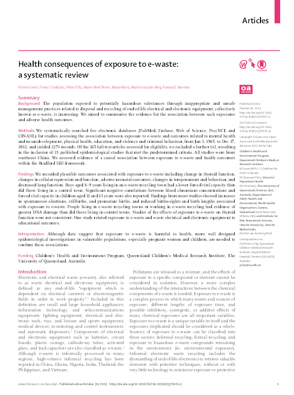 (PDF) Health consequences of exposure to e-waste: a systematic review