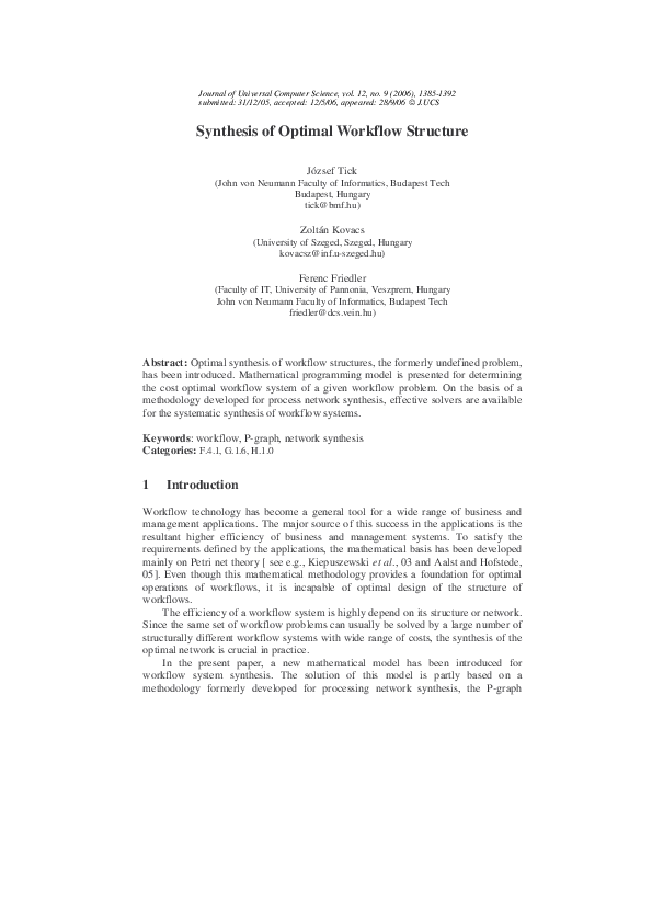 (PDF) Synthesis of optimal workflow structure