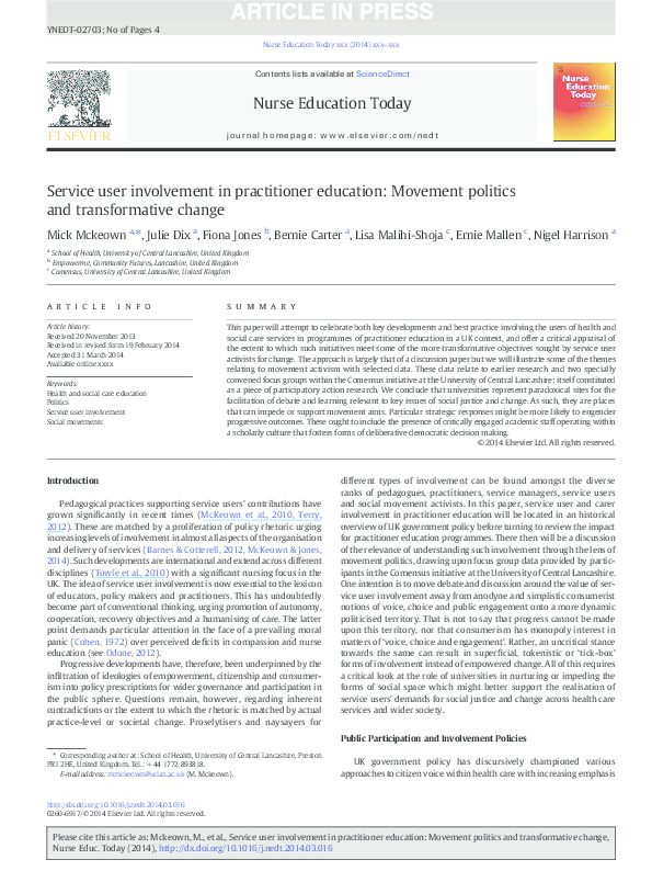 (PDF) Service user involvement in practitioner education: Movement ...