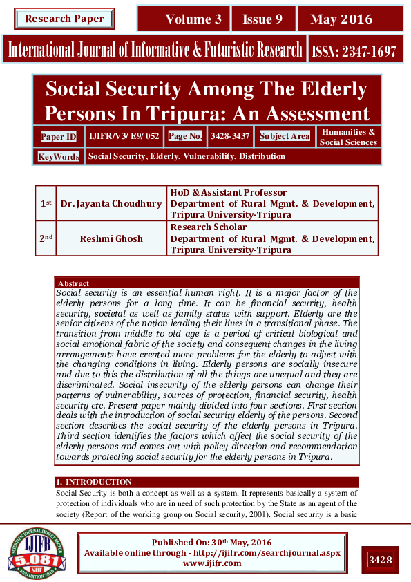 (PDF) Social Security Among The Elderly Persons In Tripura: An Assessment