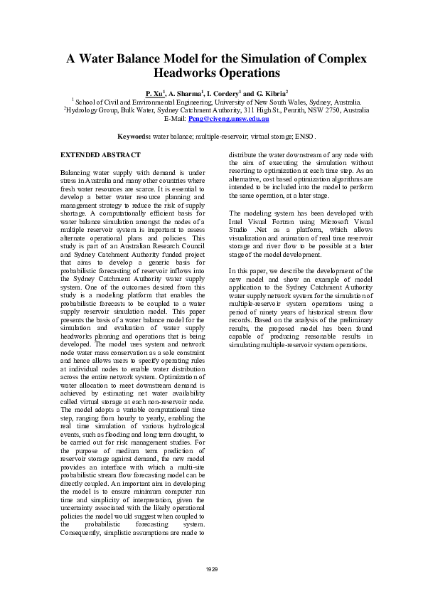 (PDF) A Water Balance Model for the Simulation of Complex Headworks ...