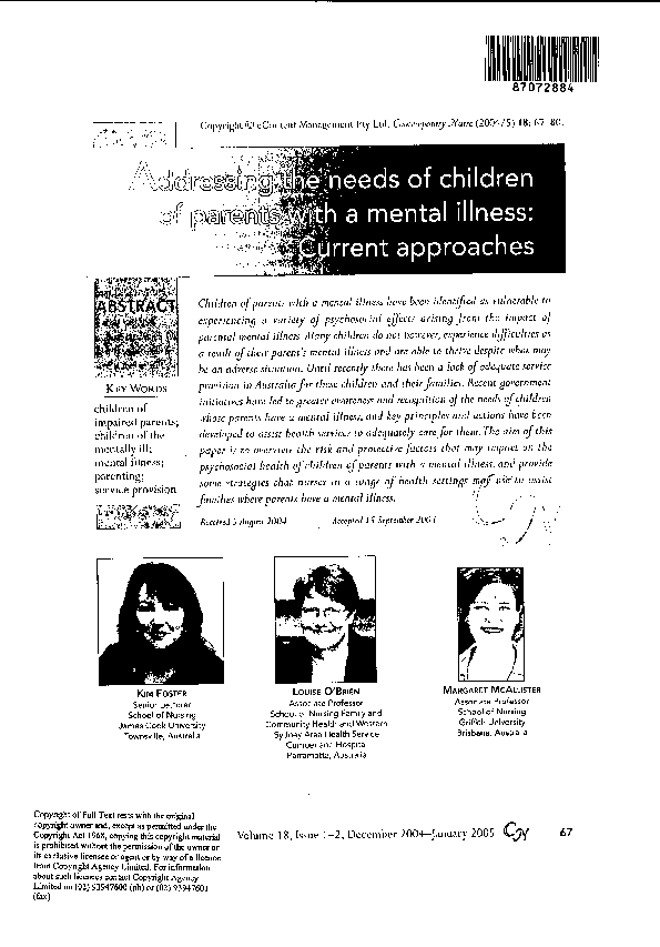(PDF) Addressing the Needs of Children of Parents With a Mental Illness ...