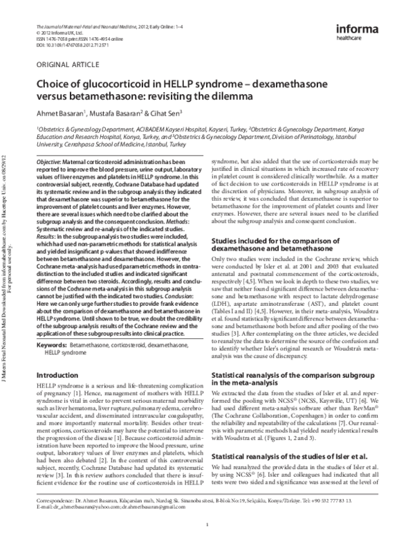 (PDF) Choice of glucocorticoid in HELLP syndrome dexamethasone versus