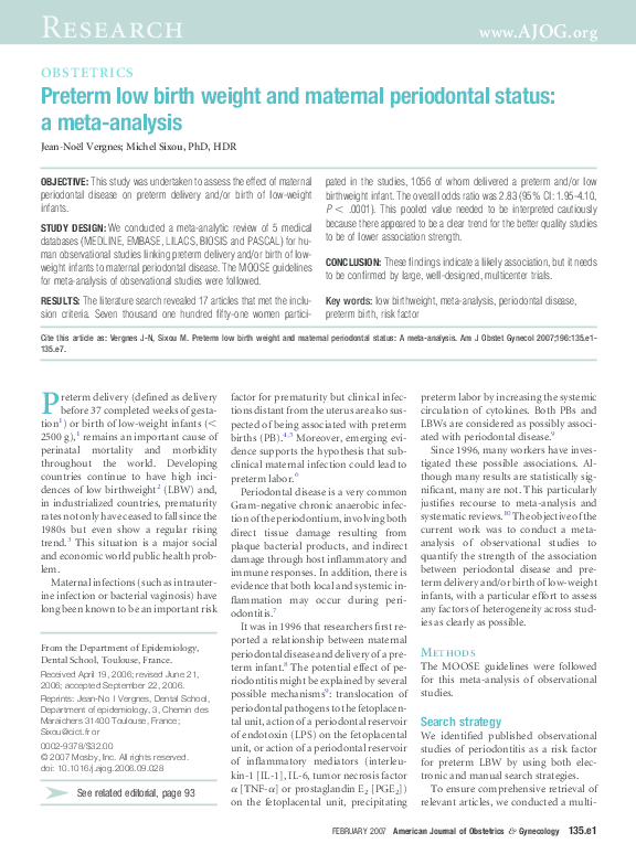 (PDF) Preterm low birth weight and maternal periodontal status: a meta ...