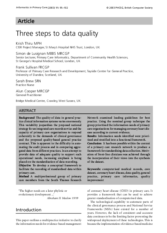 (PDF) Three steps to data quality