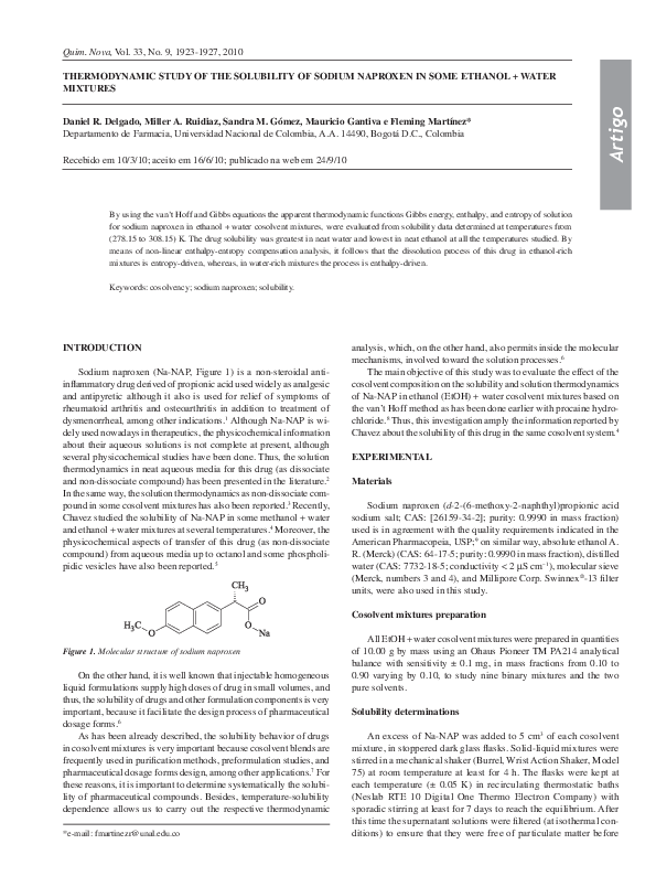 (PDF) Thermodynamic study of the solubility of sodium naproxen in some