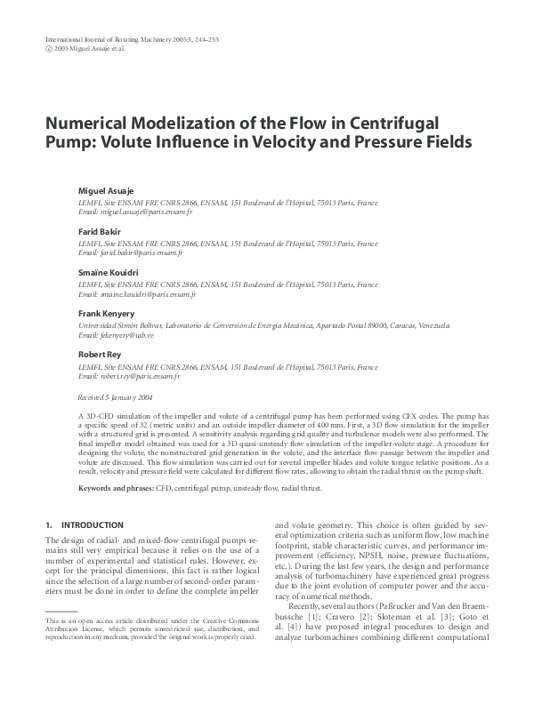 (PDF) Numerical Modelization of the Flow in Centrifugal Pump: Volute ...