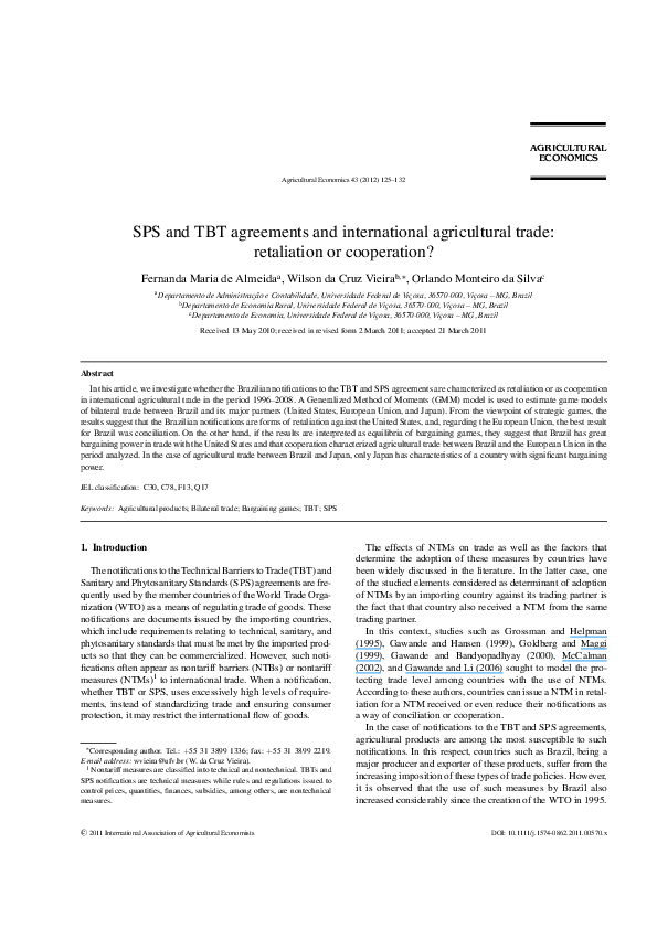 (PDF) SPS and TBT agreements and international agricultural trade