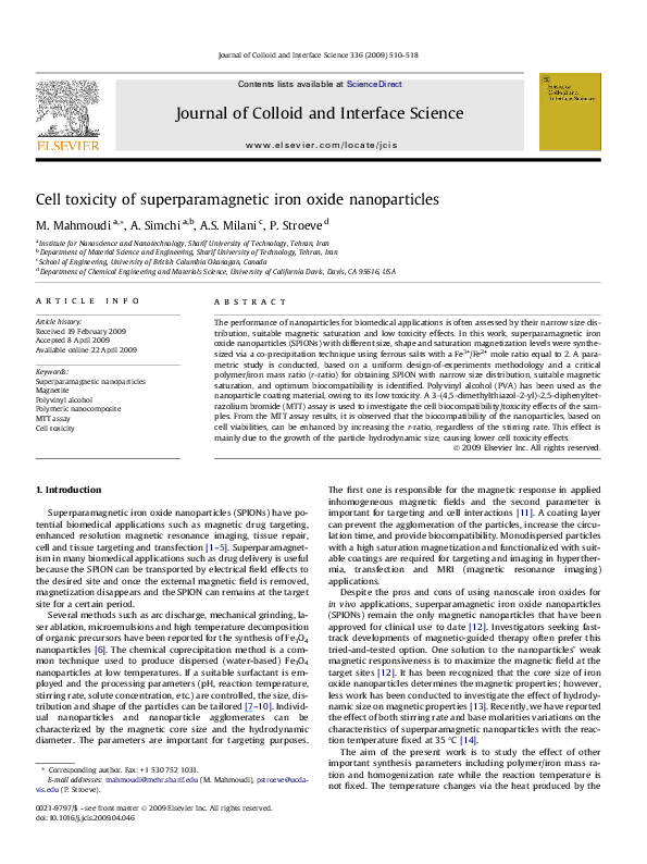 (PDF) Cell toxicity of superparamagnetic iron oxide nanoparticles
