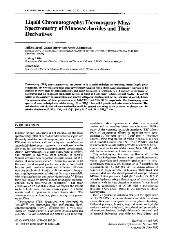(PDF) Liquid chromatographicthermospray mass spectrometric analysis of