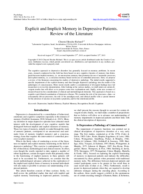 (PDF) Explicit and Implicit Memory in Depressive Patients. Review of ...