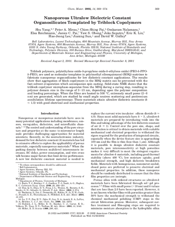 (PDF) Nanoporous ultralow dielectric constant organosilicates templated ...