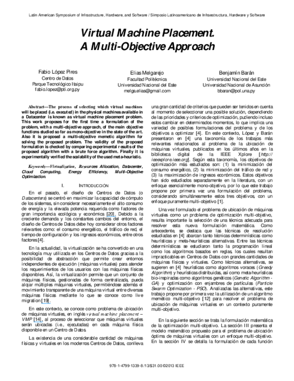 (PDF) Virtual machine placement. A multi-objective approach