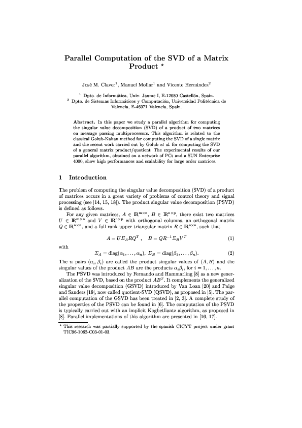 (PDF) Parallel Computation of the SVD of a Matrix Product