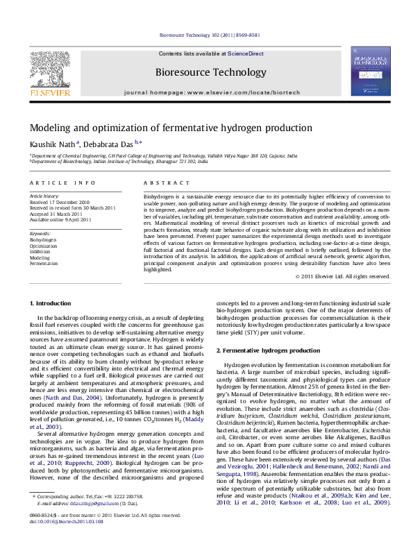(PDF) Modeling and optimization of fermentative hydrogen production