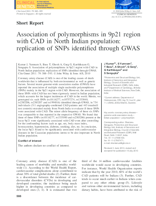 (PDF) Association of polymorphisms in 9p21 region with CAD in North ...