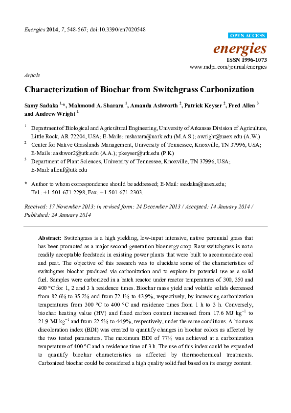 (PDF) Characterization of Biochar from Switchgrass Carbonization