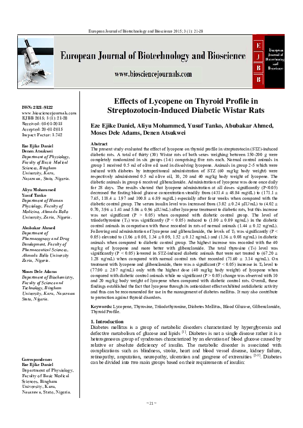 (PDF) Effects of Lycopene on Thyroid Profile in StreptozotocinInduced