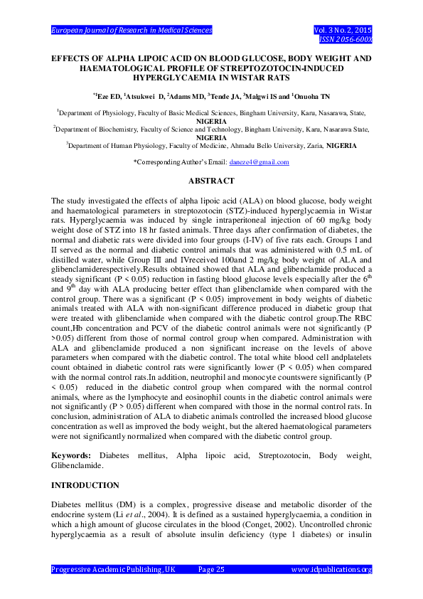 (PDF) EFFECTS OF ALPHA LIPOIC ACID ON BLOOD GLUCOSE, BODY WEIGHT AND ...