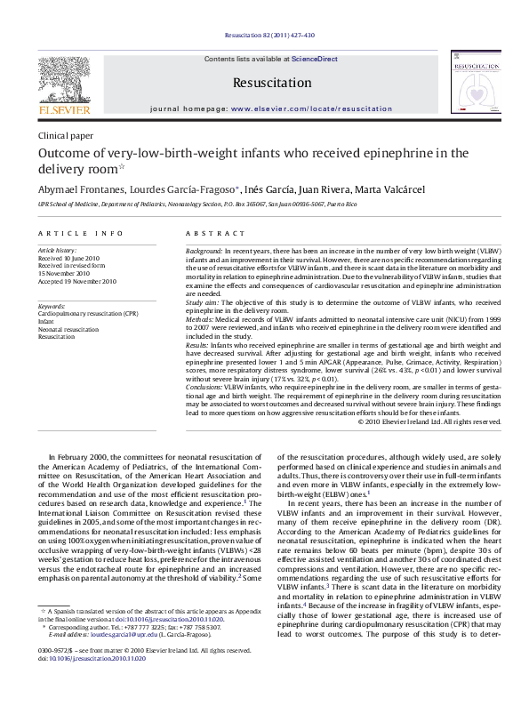 (PDF) of verylowbirthweight infants who received epinephrine