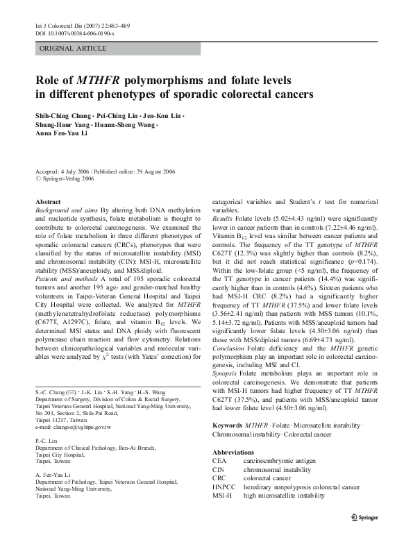 (PDF) Role of MTHFR polymorphisms and folate levels in different ...