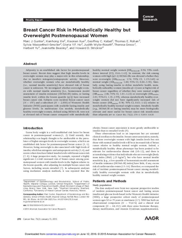 Breast Cancer Risk in Metabolically Healthy but Overweight Postmenopausal Women