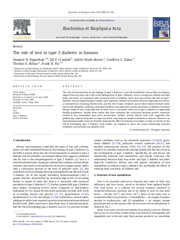 (PDF) The role of iron in type 2 diabetes in humans