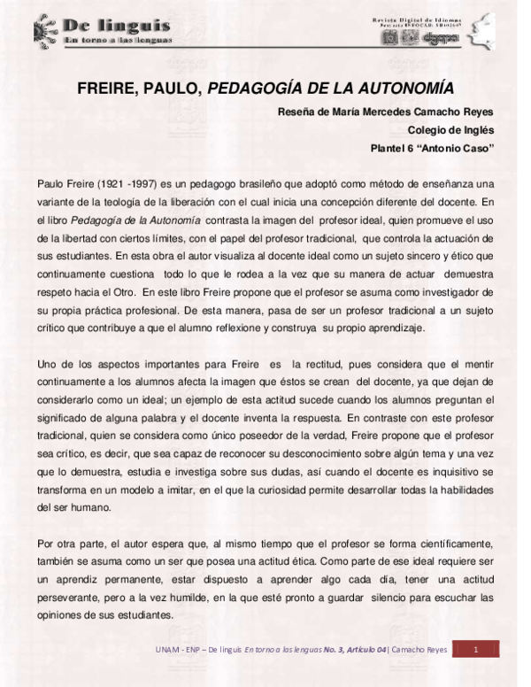 (PDF) FREIRE, PAULO, PEDAGOGÍA DE LA AUTONOMÍA