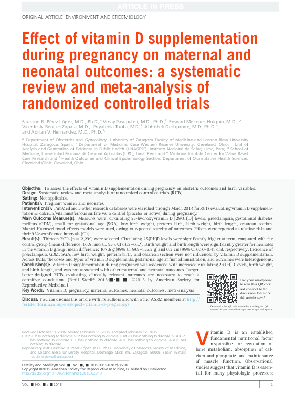 (PDF) Effect of vitamin D supplementation during pregnancy on maternal ...