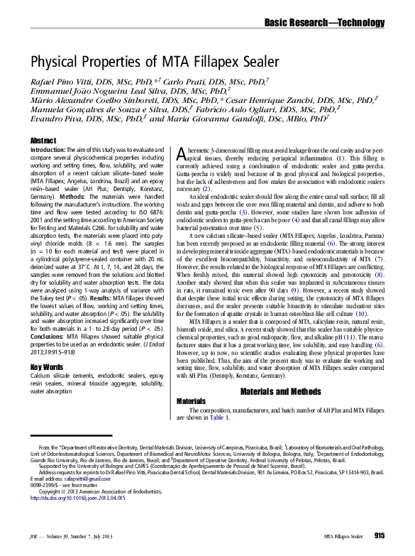 (PDF) Physical Properties of MTA Fillapex Sealer Evandro Piva